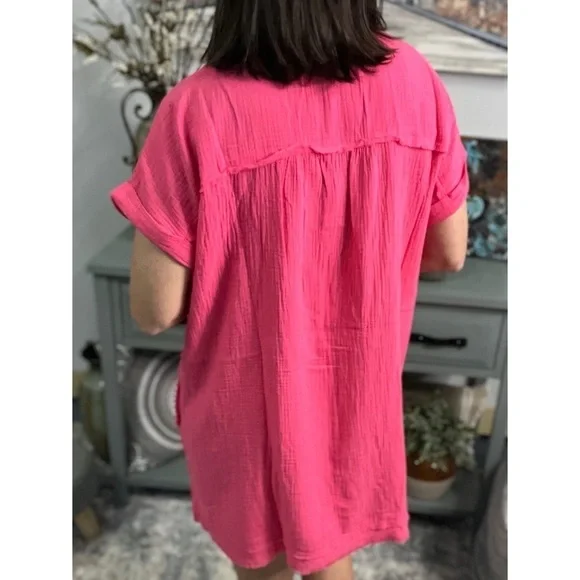 Gauze V Neck A Line Rolled Short Sleeve Pockets Cotton Raw Edge Dress Pink 0223 - Picture 6 of 6